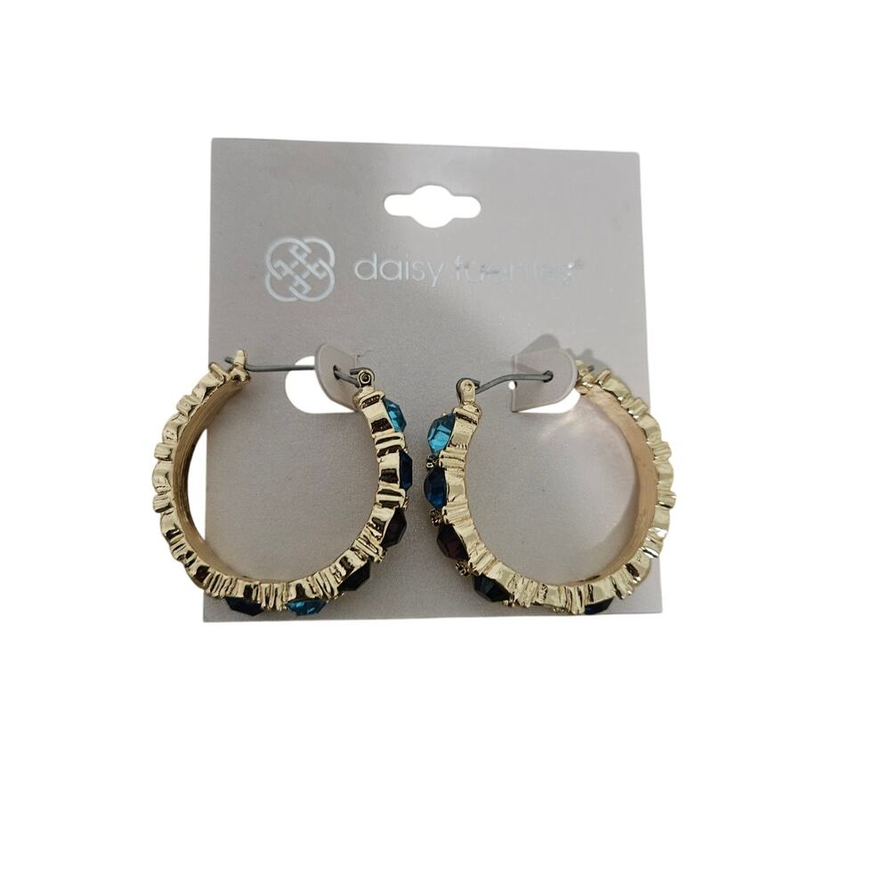 Daisy Fuentes Gold Tone Multicolor Rhinestone Hoop Earrings Statement